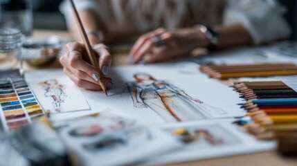Fashion Designer Sketching Dress Concept with Color Pencils and Moodboard