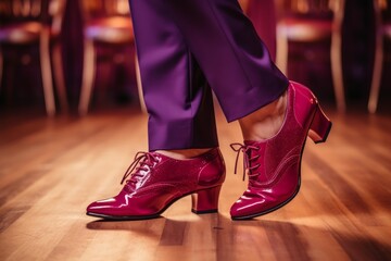 Close up of dancer's feet wearing red heeled oxford shoes and purple suit dancing on dance floor