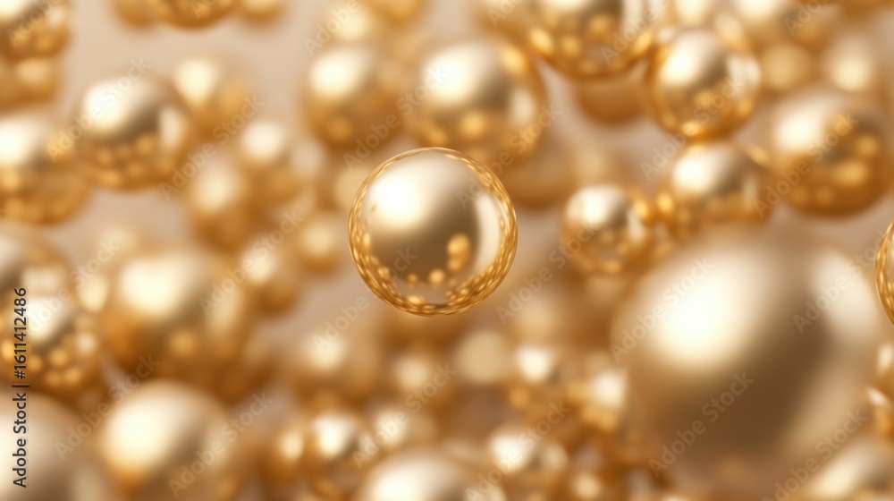 Poster close-up of shiny golden spheres floating in a soft focus background