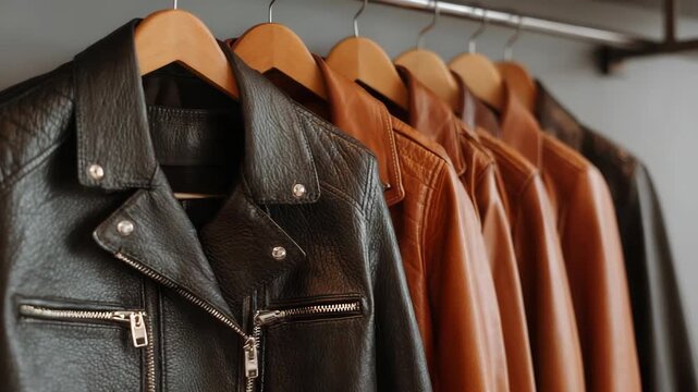 Leather jackets hanging neatly on wooden hangers, realistic photography style, neutral background, concept of fashion and wardrobe organization