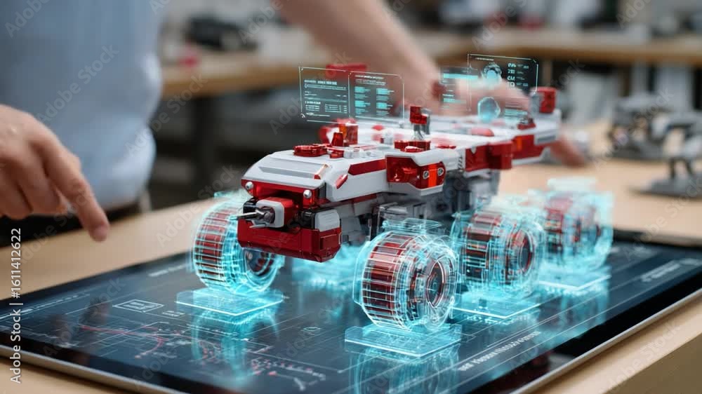 Poster tech-savvy exploration: a person interacting with a futuristic augmented reality interface showcasin