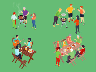 family grill barbecue party set kettle grill assorted food traditional preparing grilled meat picnic grass outdoor summer bbq party families friends illustration