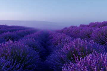 Obraz premium Lavender Field Rows Under Faint Mist, Lavender Plantation Farm Under Morning Light Sky
