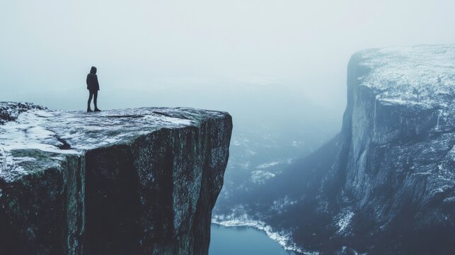 Solitary figure on a frozen cliff overlooking a misty valley