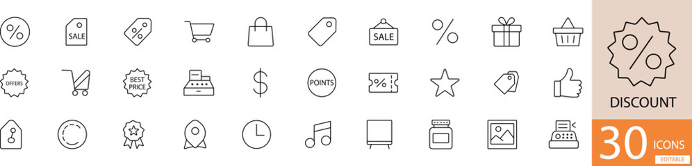  Minimal black line icon set with 30 discount and offer icons. Ideal for e-commerce, sales banners, shopping apps, and promotional