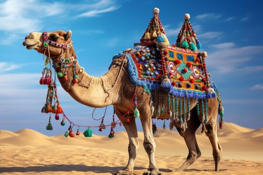 Richly decorated camel is walking through sand dunes in a beautiful desert landscape