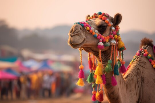 Camel wearing colorful traditional decorations posing at the annual pushkar camel fair in rajasthan, india