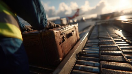 First-Person View of Baggage Handler Loading Suitcase onto Conveyor Belt