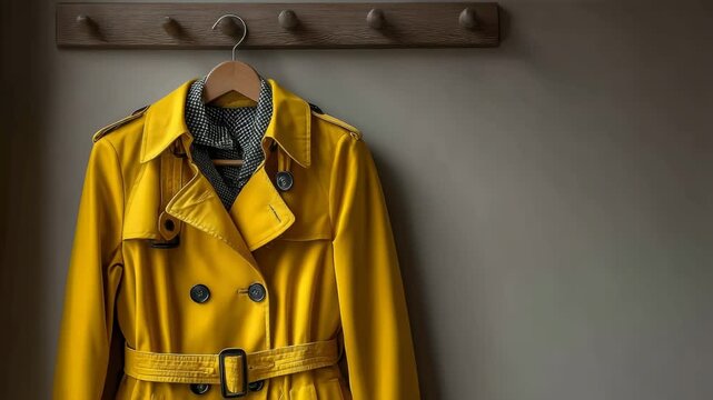 Bright yellow trench coat with black buttons and belt on hanger, realistic style, wooden hook rack, minimal background, fashion concept