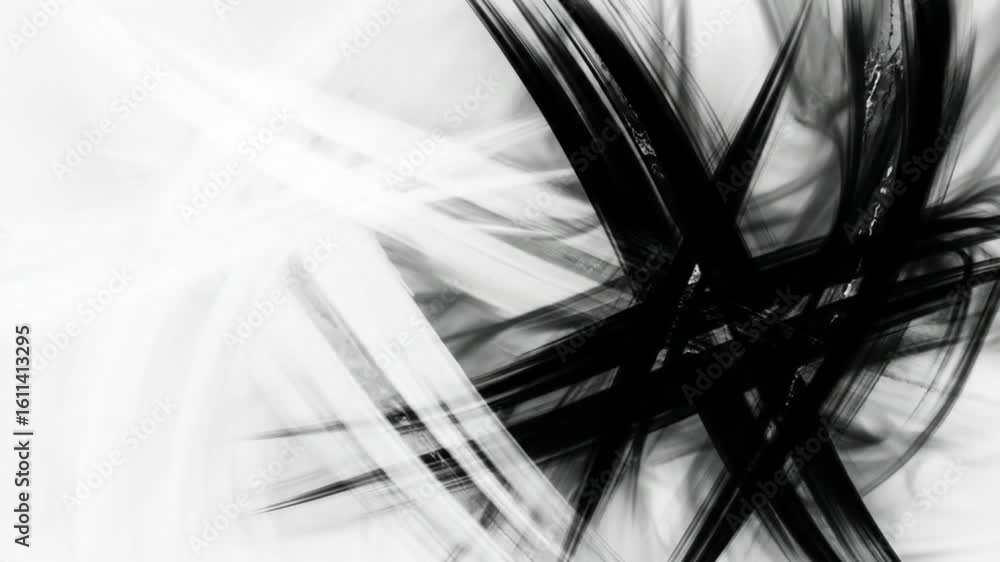 Poster abstract black and white artwork featuring intersecting lines and dynamic brushstrokes.