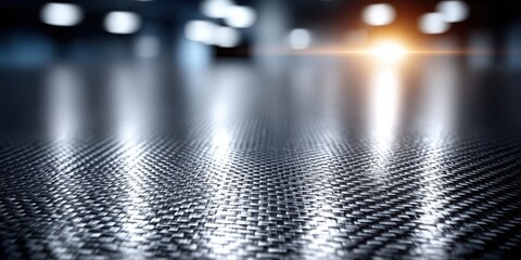 Closeup, Low angle Focus Intricate Carbon Fiber Surface Pattern, Showcasing Metallic Sheen, Technology, Light Streaks Against Blurred Bokeh Background, Highlighting Sophisticated Material Texture