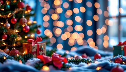 a festive christmas tree adorned with lights and christmas ornaments, set against a backdrop of twinkling fairy lights. a snowy scene is depicted below the tree, indicating a holiday celebration