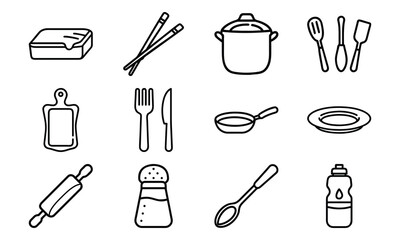 Kitchen Tools and Utensils Line Icon Set – Outline Illustrations of Butter Dish, Chopsticks, Cooking Pot, Cutlery, Frying Pan, Plate, Rolling Pin, Salt Shaker, and Kitchenware Essentials