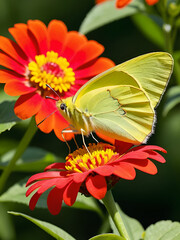 Gorgeous, brilliantly yellow male Cloudless Sulphur butterfly feeding on a red Zinnia flower against sunny summer green background