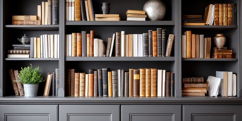 Elegant Dark Library Bookshelf Featuring Standing Leather-bound Books, Decorative Silver Sphere, Antique Teapot, Dark Ceramic Vase, Showcasing Organized Clutter Rich Textures