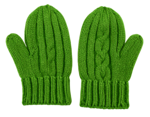 Pair of Green Cable-Knit Mittens Lying Flat, isolated on a transparent background.
