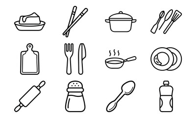 Kitchen Tools and Utensils Line Icon Set – Outline Illustrations of Butter Dish, Chopsticks, Cooking Pot, Cutlery, Frying Pan, Plate, Rolling Pin, Salt Shaker, and Kitchenware Essentials