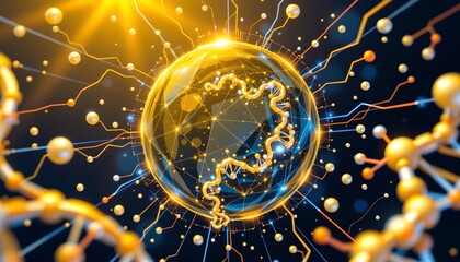 a vivid visual metaphor for scientific research and innovation. dominating the center of the frame is a large, glowing orb that resembles an atom, symbolizing the molecular nature of life