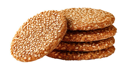 A tempting stack of sesame cookies isolated on transparent background, showcasing their goldenbrown color and sesame seed coating
