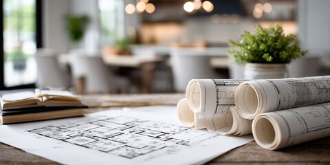 Rustic Wooden Interior Design Showcases Architectural Blueprints Digital Notebook Construction Planning Desk, Highlighting Home Renovation, Meticulous Design, Kitchen Inspiration