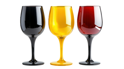 Three wine glasses red yellow and black isolate on transparent background