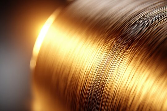 Warm Golden Copper Wire Spool Closeup, Industrial Metallic Surface Texture, Bright Soft Light Highlighting Intricate Parallel Lines, Shallow Depth Field, Creating Luxurious Meticulously Crafted Visual