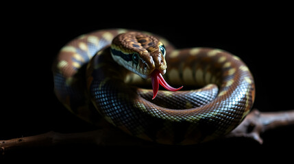 Striking Snake Coiled on Branch with Tongue Flicking in Dim Light