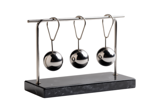 Newtons cradle with metal balls demonstrates the conservation of momentum and energy isolated on transparent background
