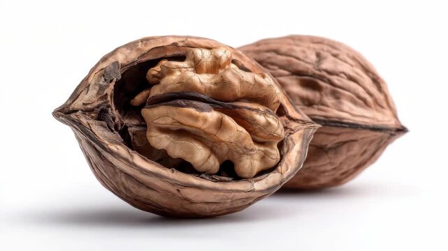 Whole walnut and cracked shell with visible kernel, natural style, isolated on white background, concept of healthy food and nutrition