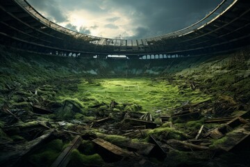 Nature reclaiming an abandoned stadium, overgrown with lush vegetation after a post apocalyptic event