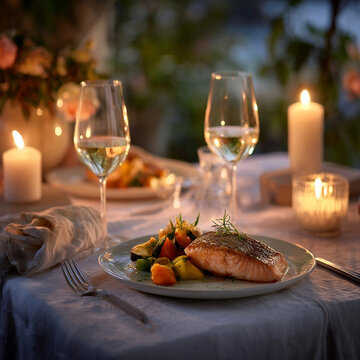 Elegant Candlelit Dinner with Grilled Salmon, Vegetables, and White Wine in Romantic Fine Dining Setting
