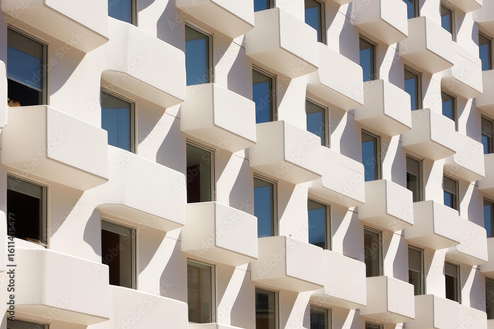 Poster sunlight illuminating white balconies and windows of modern building, creating abstract architectura