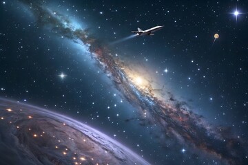 Naklejka premium Futuristic aircraft soars through vibrant nebula towards distant galaxy and planet