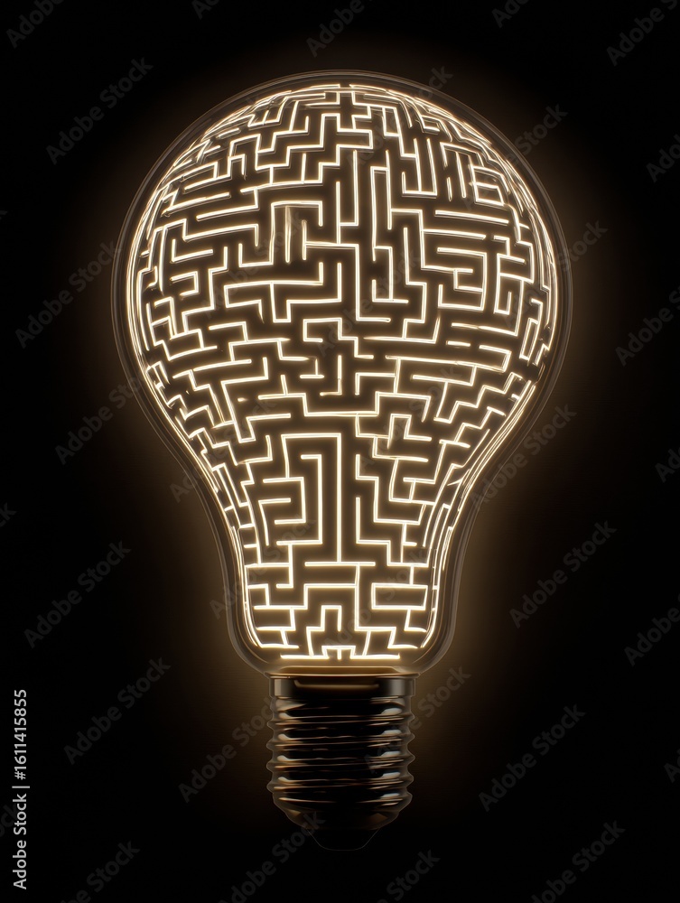 Poster maze design glowing within a lightbulb shape creates an intriguing visual in a dark environment