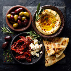 Mediterranean Mezze Platter with Hummus, Feta, Sun-Dried Tomatoes, Olives, and Pita Bread on Dark Rustic Background
