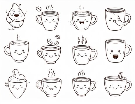 A vector set of cute animated-style anthropomorphic coffee items, featuring smiling mugs and happy drink characters in a doodle line art style.