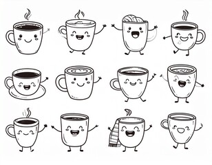 Obraz premium A vector set of cute animated-style anthropomorphic coffee cup characters. A collection of happy kawaii doodle mugs and teacups.