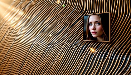 a close up portrait of a woman in a photo frame affixed to a textured wall that has an abstract design