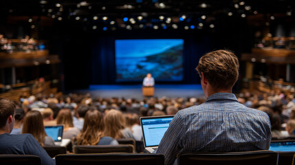 Birdâs-eye view of full auditorium, viewers concentrated on speaker presenting educational content, rows of notepads and laptops in use across the space