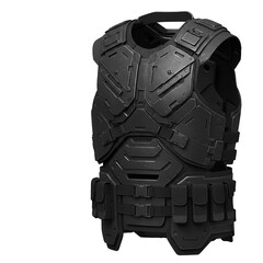 A futuristic body armor design featuring intricate plating and tactical pouches offering advanced protection and a modern aesthetic.
