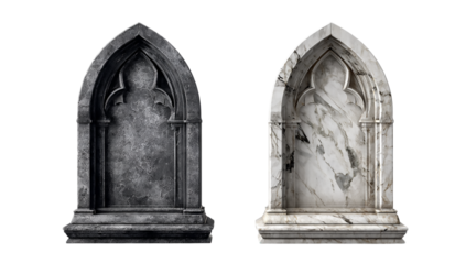 Two gothic tombstones, one gray and one marble, stand isolated on transparent background, representing a somber and historical memorial