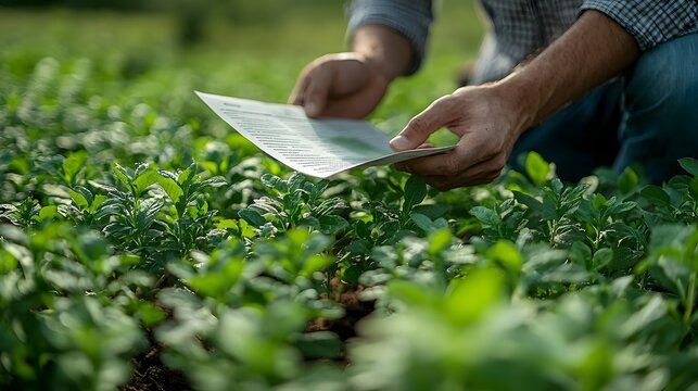 Farmer reviewing contract documents in field of crops - Powered by Adobe