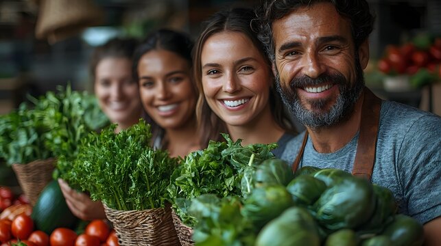 A team of farmers and business partners proudly display their fresh vibrant crops  long title A diverse group of farmers and business professionals