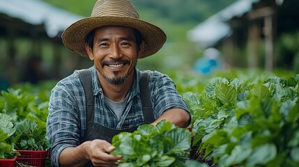 Smiling farmer tending to his lush garden in a rural setting