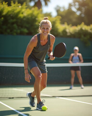 Smiling tennis player ready to serve on a sunny court in California