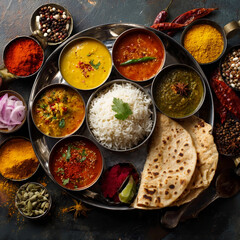 Traditional Indian Thali with Rice, Curries, Lentils, Spices, and Naan Bread on Dark Rustic Background
