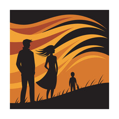 Fototapeta premium Family Holding Hands Near Sunset Windy Field Scene