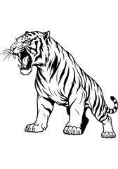 Obraz premium Powerful Roaring Tiger Illustration - Dynamic Black and White Line Art with Japanese Aesthetic, Symbolizing Strength and Courage