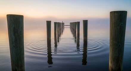 Serene morning view of wooden posts in still water under a misty sky at dawn