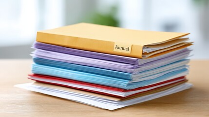 A stack of colorful documents and papers sits on a wooden desk, topped with a yellow folder labeled "Annual.